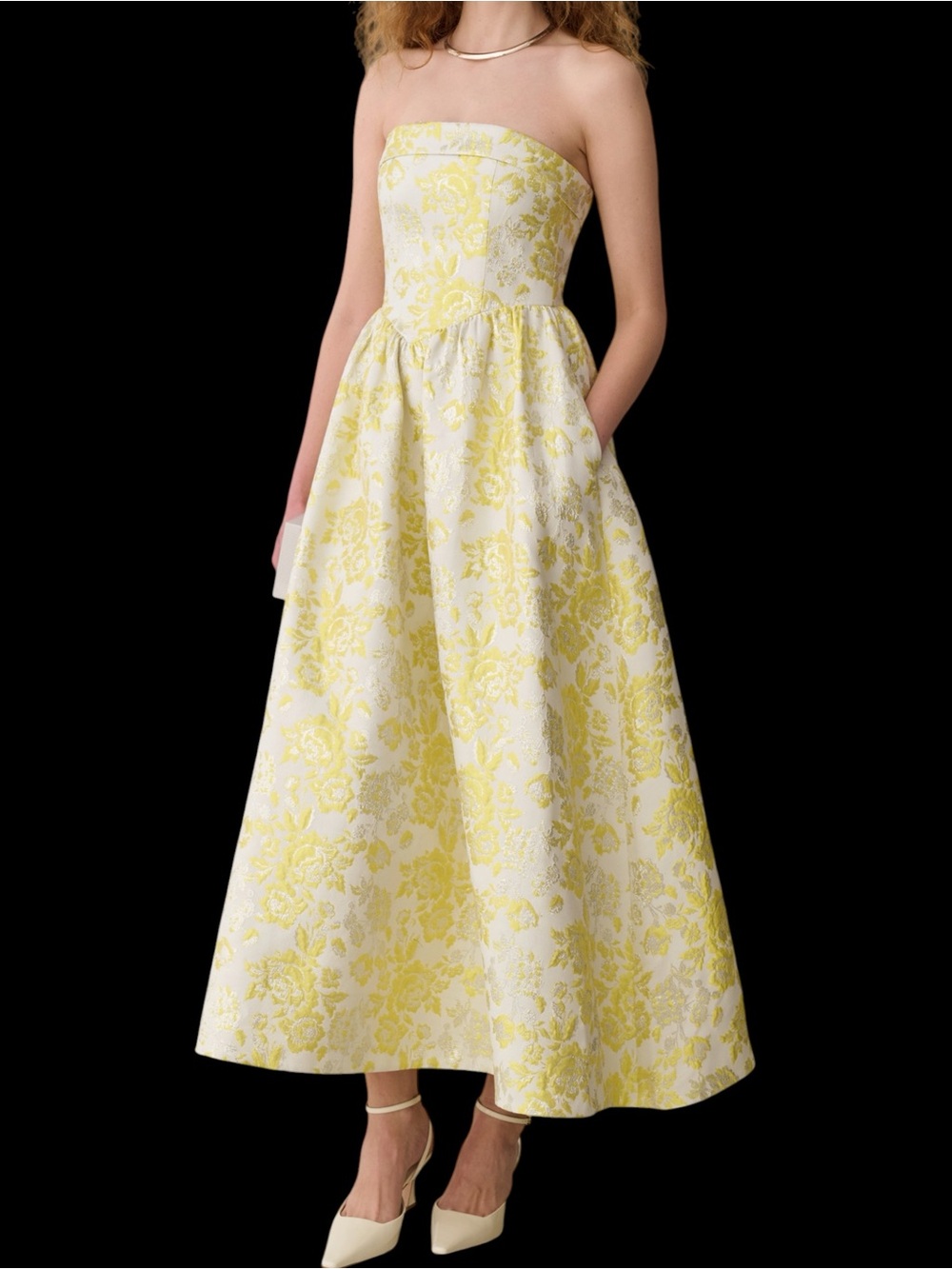 Few Moda o.p.t. Sena Dress Canary Yellow Silver Metallic Brocade Strapless